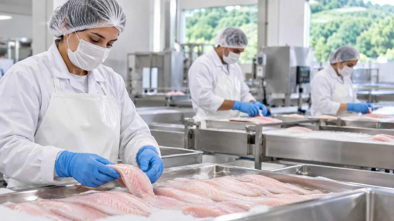 Equipe processando filés de peixe em indústria