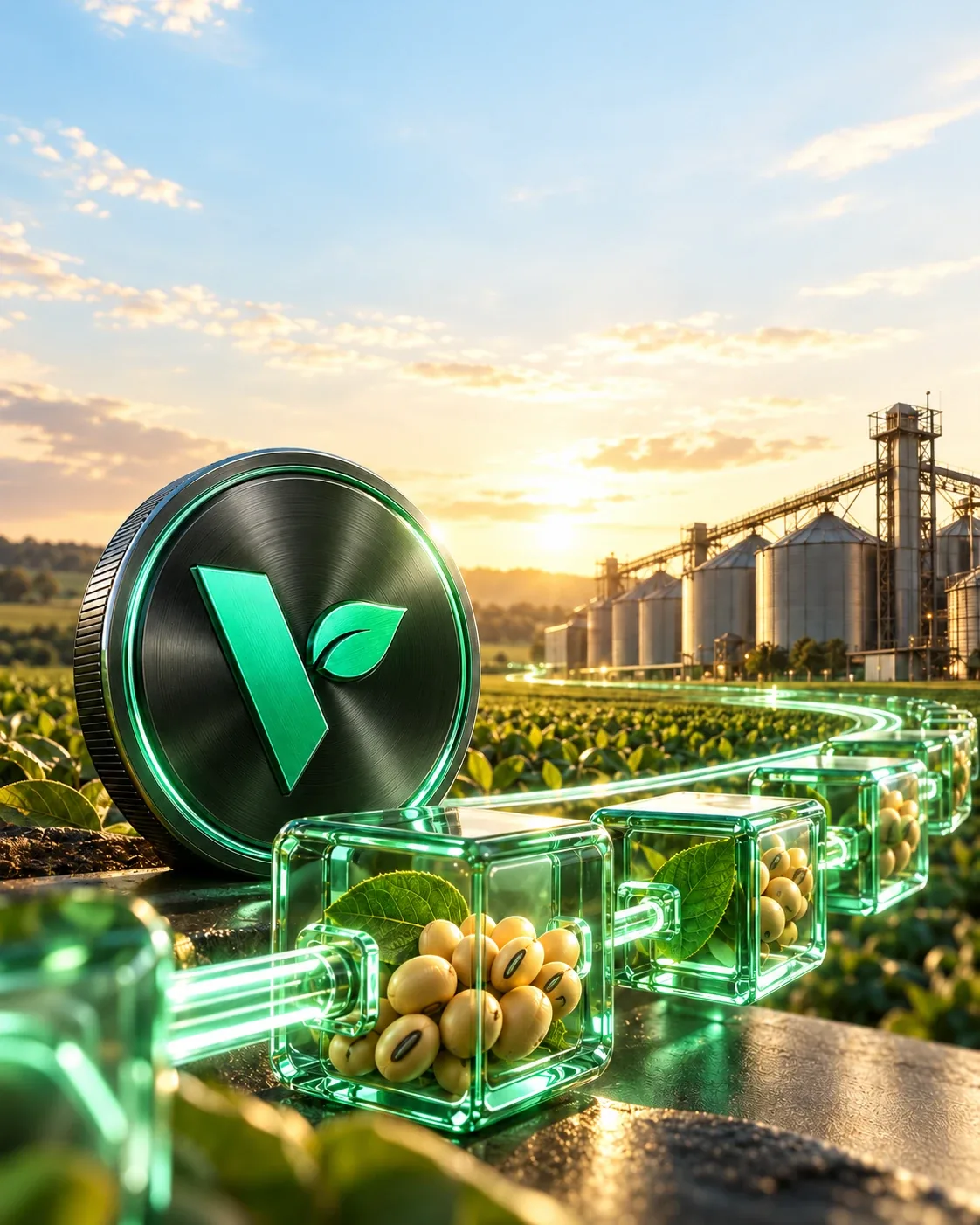 Moeda Valle Token ligada a blocos de vidro com grãos de soja, em frente a silos